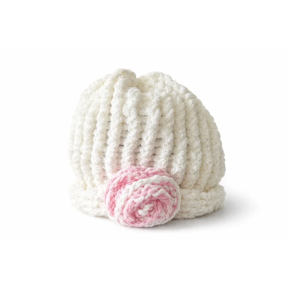 Handmade 0-3 mo‎ Crochet Beanie Set White Pink Flower Burgundy Bear Ears 2 Pack
